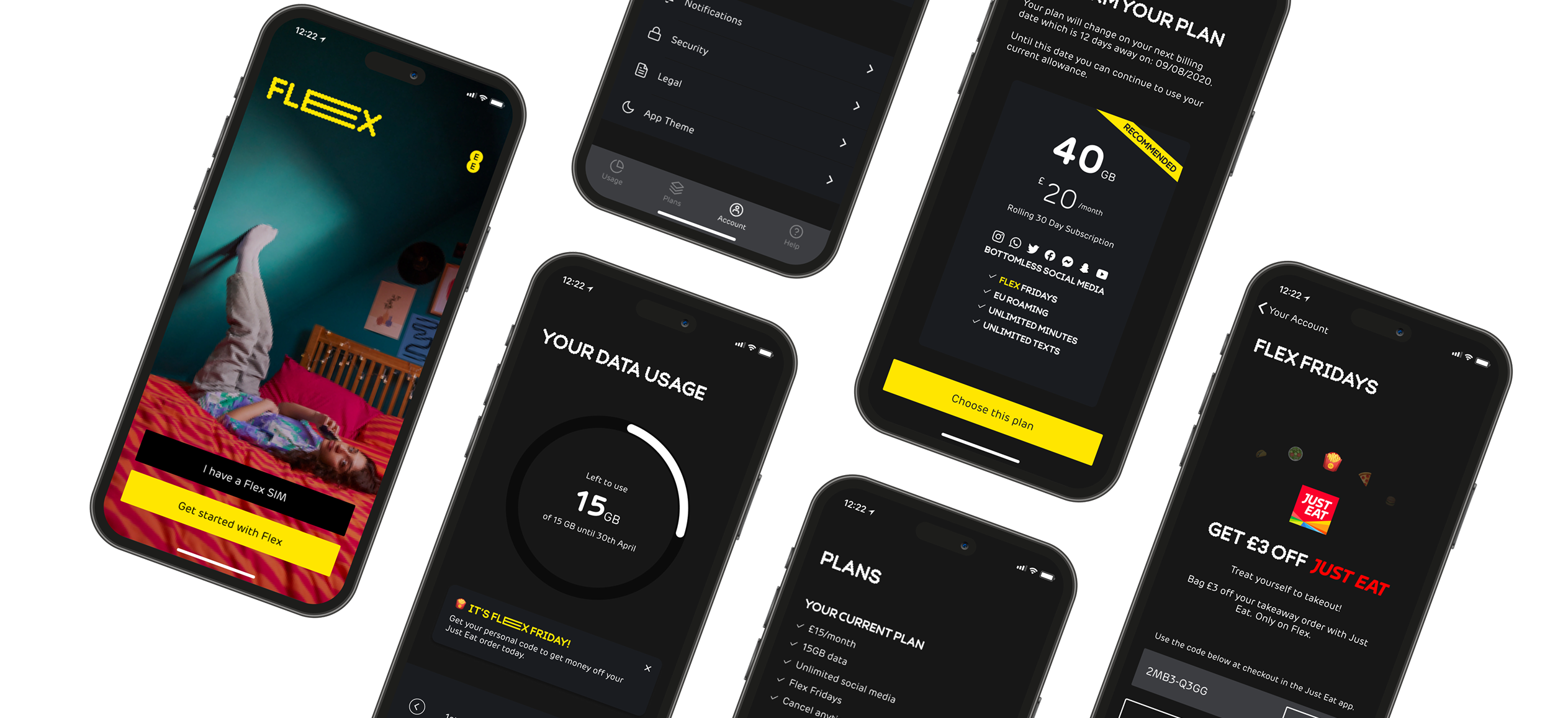 EE mobile app — five screens